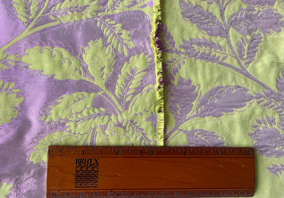 Exquisite Metallic Amethyst Leaves & Soft Kiwi Green Polyester Lame Brocade (Made in Italy)