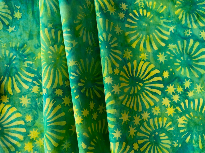 Lemony Spirals & Stars on Jade Cotton Batik (Made in Indonesia)