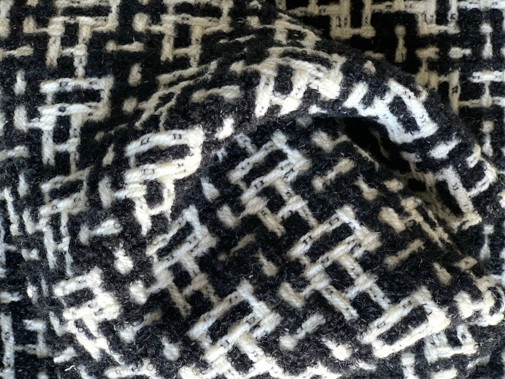 Geometric Black & White Tweed Wool Coating  (Made in Italy)