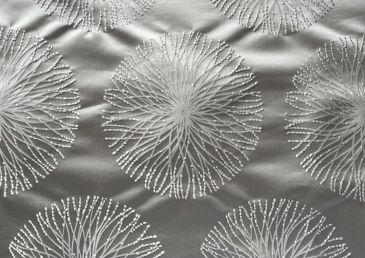 Chiffon Off-White Dandelion Sunbursts on Platinum Polyester Satin (Made in India)
