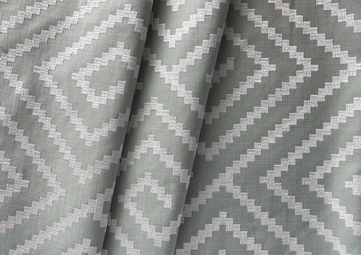 Embroidered White Jagged Maze on Minty Pistachio Cotton Blend
