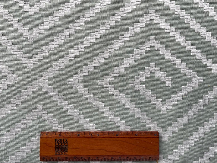 Embroidered White Jagged Maze on Minty Pistachio Cotton Blend