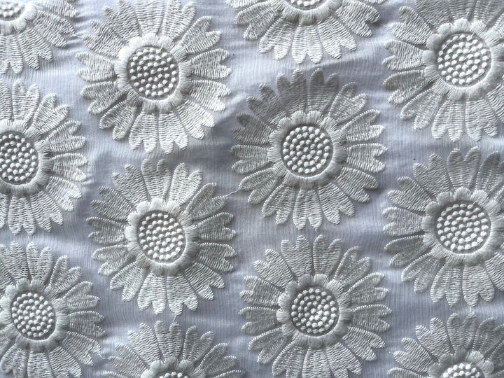 Semi-Sheer Romantic Embroidered Daisies Crinkled Silk Chiffon