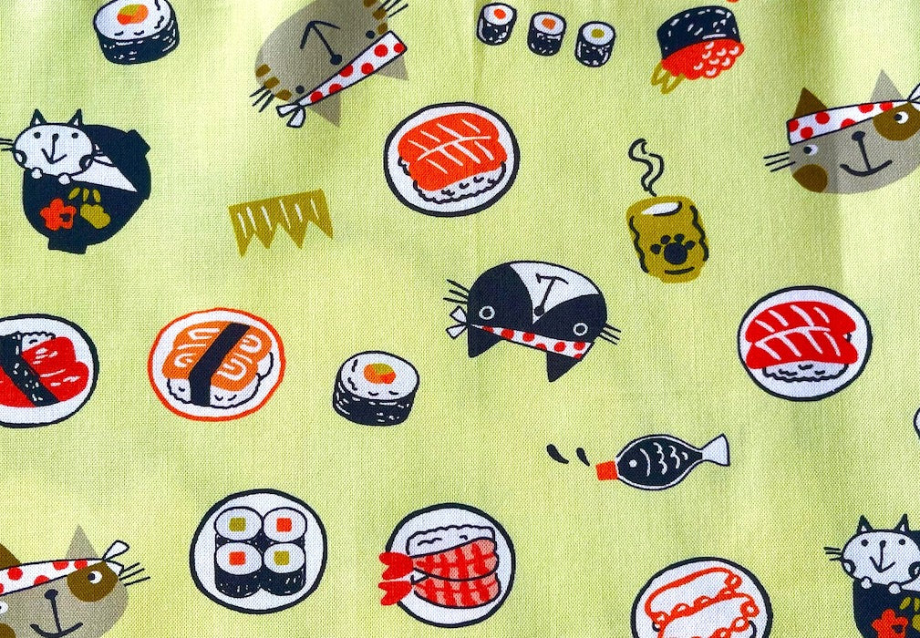 Kawaii Sushi & Cats on Lime Chiffon Quilting Cotton (Made in Japan)
