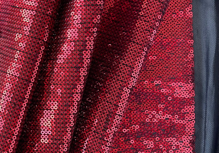 Sparkling Festive Red Sequined Stretch Polyester Mesh