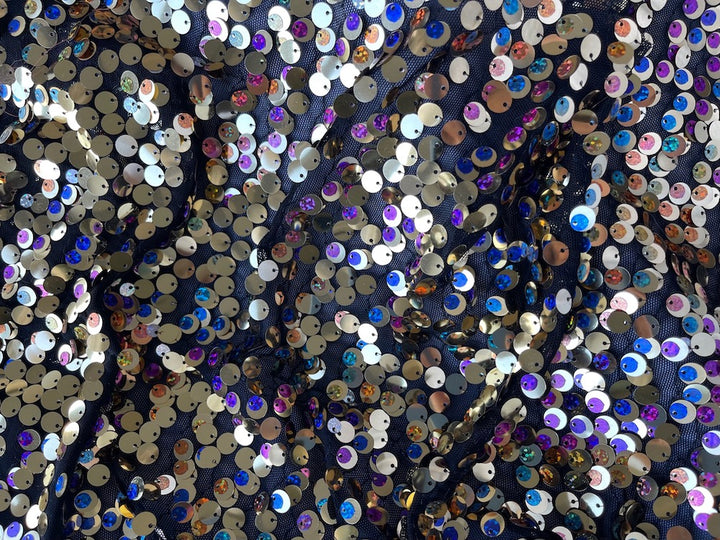 Swishy Gold, Fuchsia & Turquoise Sequined Stretch Polyester Mesh