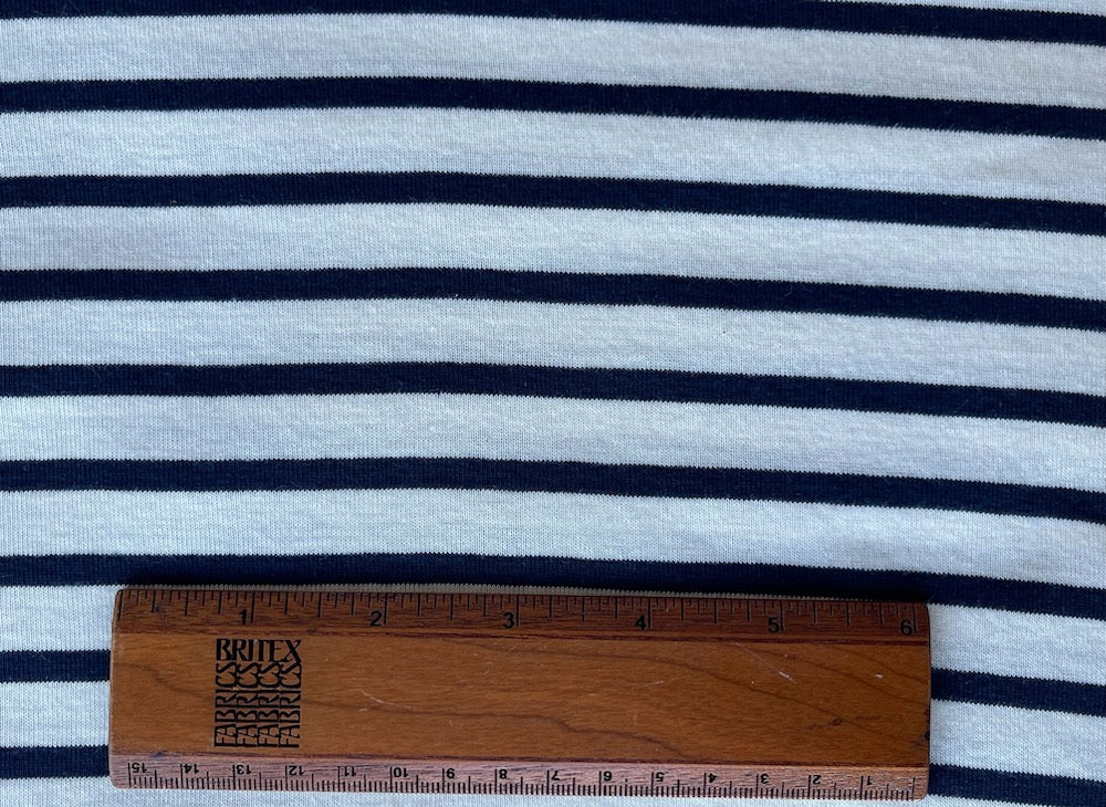 Soft Striped Midnight Navy & Ivory Ribbed Cotton Knit (Made in Japan)