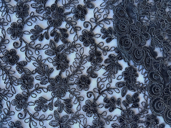 Classic Ink Black Scalloped Vining Floral Cotton Lace Fabric
