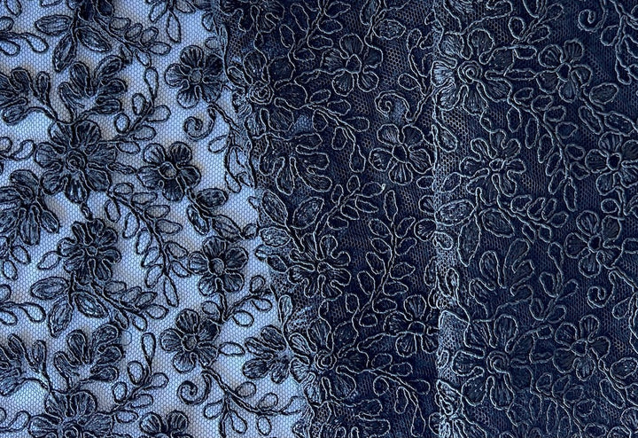Classic Ink Black Scalloped Vining Floral Cotton Lace Fabric