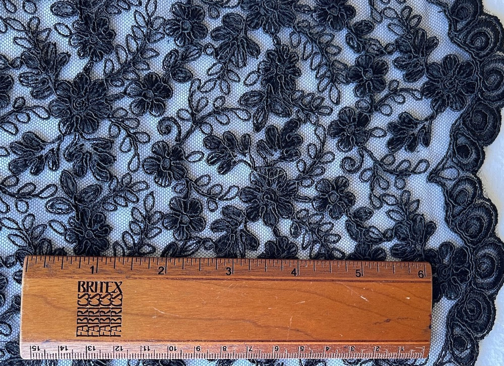 Classic Ink Black Scalloped Vining Floral Cotton Lace Fabric