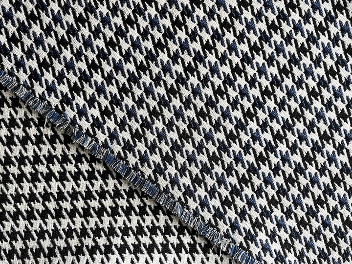80" Panel -  Reversible Black & Blue Couture Hounds-Tooth Viscose Blend Crepe Suiting (Made in Italy)