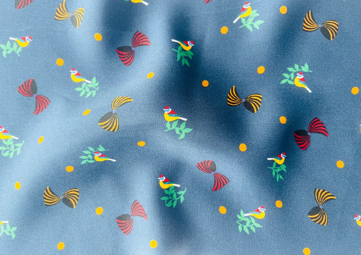 Yellow-Chested Songbirds & Bows Antique Blue Matte Silk Satin Charmeuse (Made in Italy)