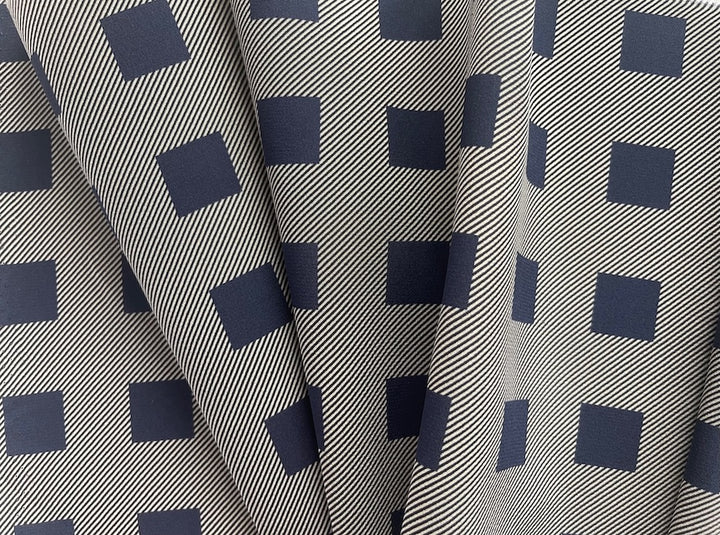 Couture Ivory & Navy Stone Gridded Silk Crepe de Chine (Made in Italy)