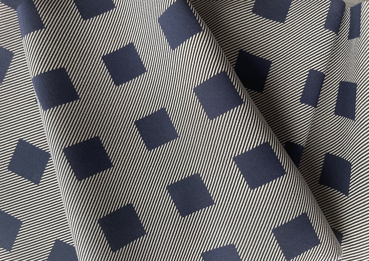 Couture Ivory & Navy Stone Gridded Silk Crepe de Chine (Made in Italy)