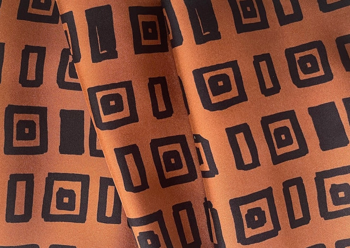 Couture Painterly Black & Rusted Persimmon Geometric Silk Twill (Made in Italy)