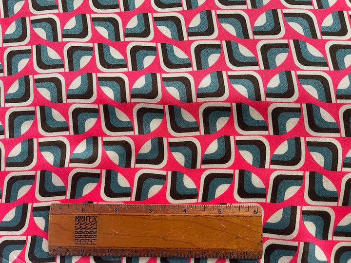 1960s-Style Geometric Slate & Bright Pink Viscose Twill (Made in Italy)
