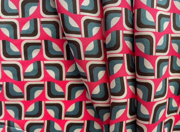 1960s-Style Geometric Slate & Bright Pink Viscose Twill (Made in Italy)