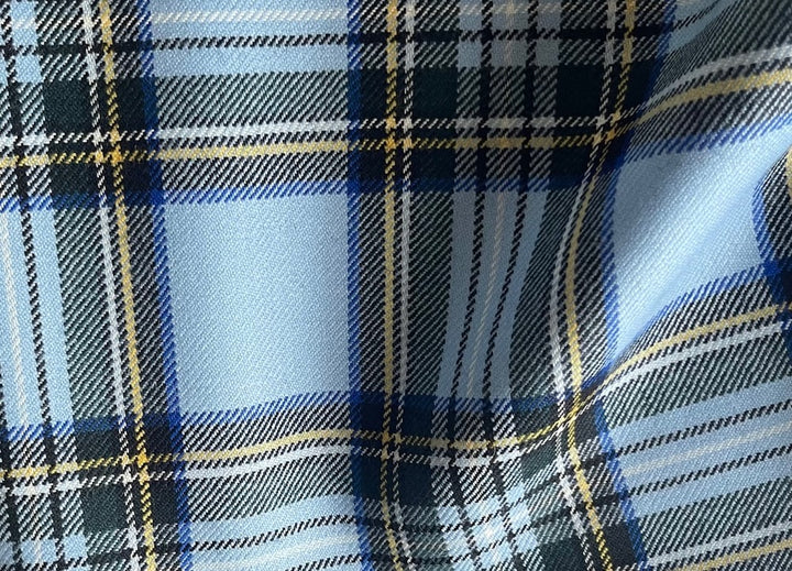 Springtime Sky Blue & Black Virgin Wool Twill Plaid (Made in Italy)