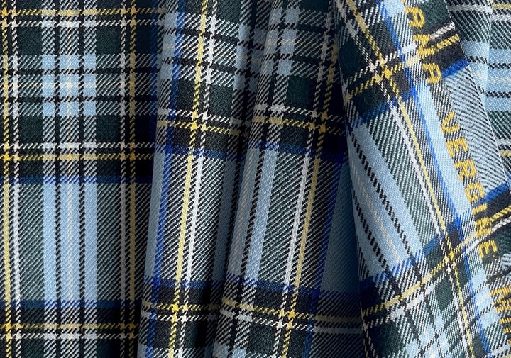 Springtime Sky Blue & Black Virgin Wool Twill Plaid (Made in Italy)
