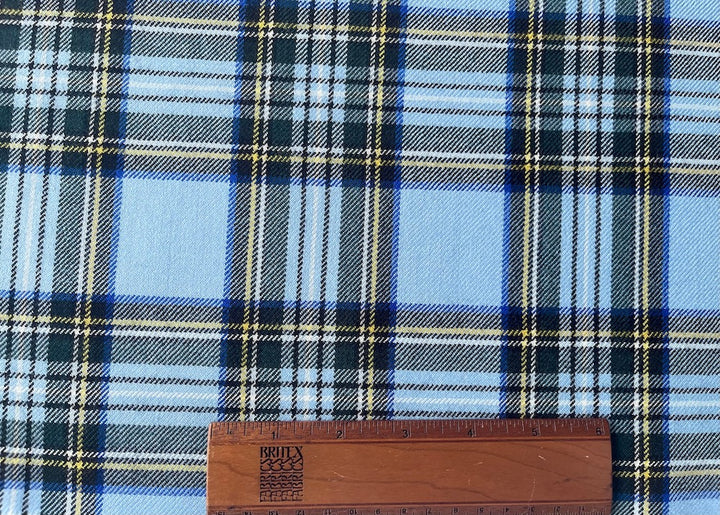 Springtime Sky Blue & Black Virgin Wool Twill Plaid (Made in Italy)