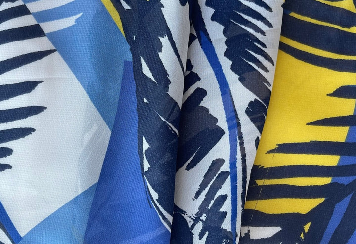 Semi-Sheer Grotta Azzurra Palm Leaves Royal Blue & Lemon Polyester Chiffon (Made in Italy)