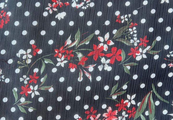 Semi-Sheer Delicate Carmine Flowers with White Dotted Black Polyester Chiffon (Made in Italy)
