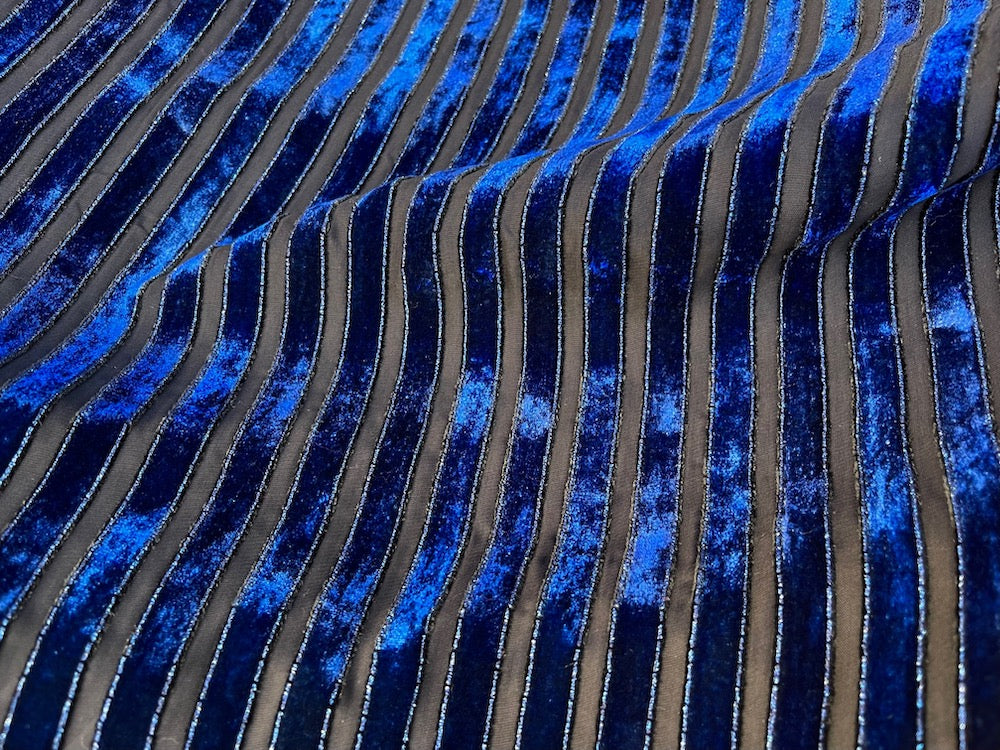 57" Panel - Couture Bright Navy Velvet & Onyx Organza Silk & Rayon Cut Velvet (Made in Italy)
