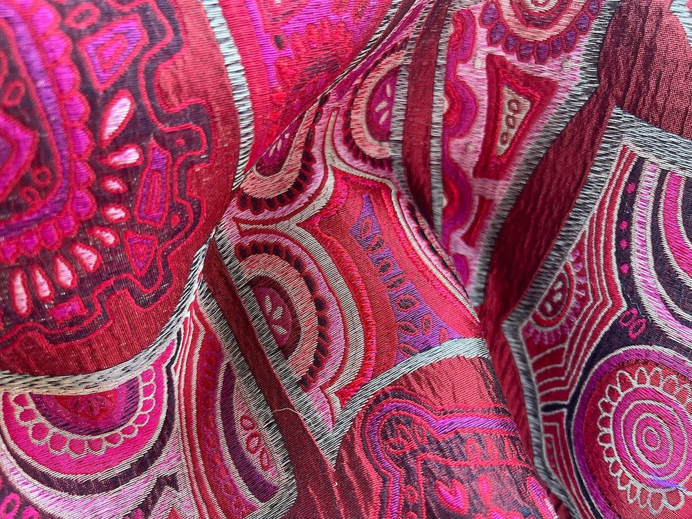 Mid to Heavy-Weight Dramatic Geometric Magenta Fire Silk Blend Brocade (Made in Italy)