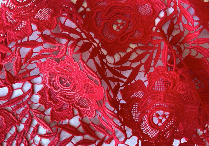 Captivating Carmine American Beauty Roses Polyester Lace Fabric