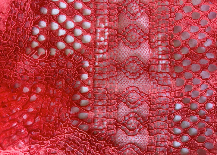 Saturated Coral Rouge Striped & Scalloped Rayon Blend Lace Fabric