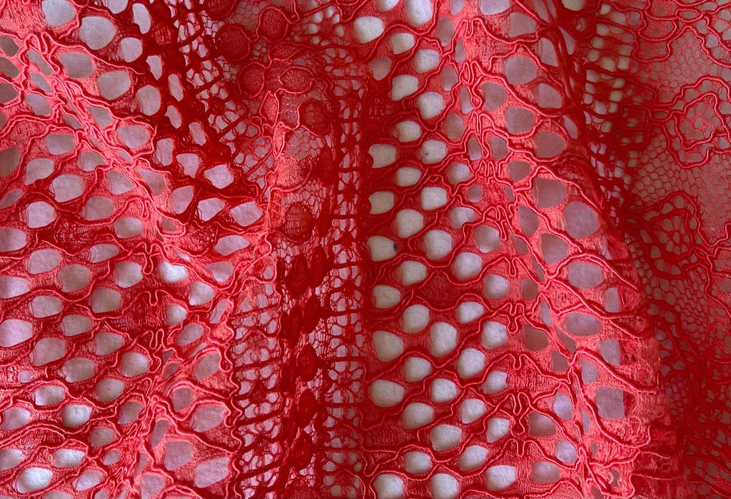 Saturated Coral Rouge Striped & Scalloped Rayon Blend Lace Fabric