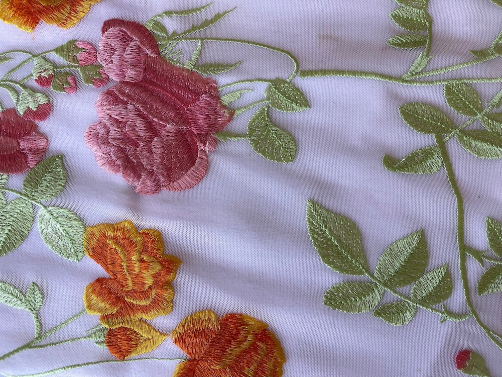 Embroidered Variegated Tangerine, Rose Lemonade & Coral Blooms on Pale Pink Rayon Blend Mesh Fabric (Made in Italy)