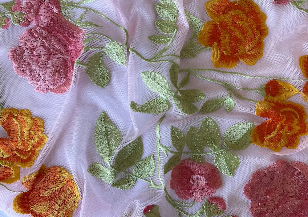 Embroidered Variegated Tangerine, Rose Lemonade & Coral Blooms on Pale Pink Rayon Blend Mesh Fabric (Made in Italy)