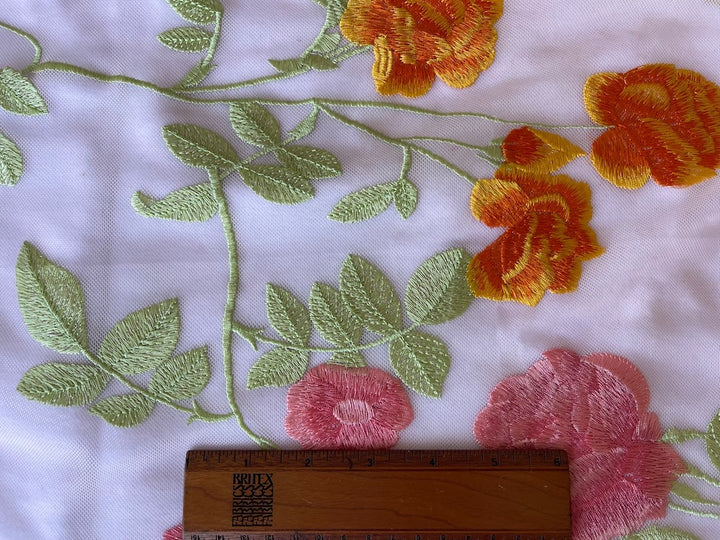 Embroidered Variegated Tangerine, Rose Lemonade & Coral Blooms on Pale Pink Rayon Blend Mesh Fabric (Made in Italy)