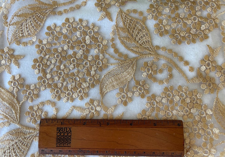 Embroidered Golden Vanilla Hydrangeas on Bone Polyester Blend Mesh (Made in Korea)