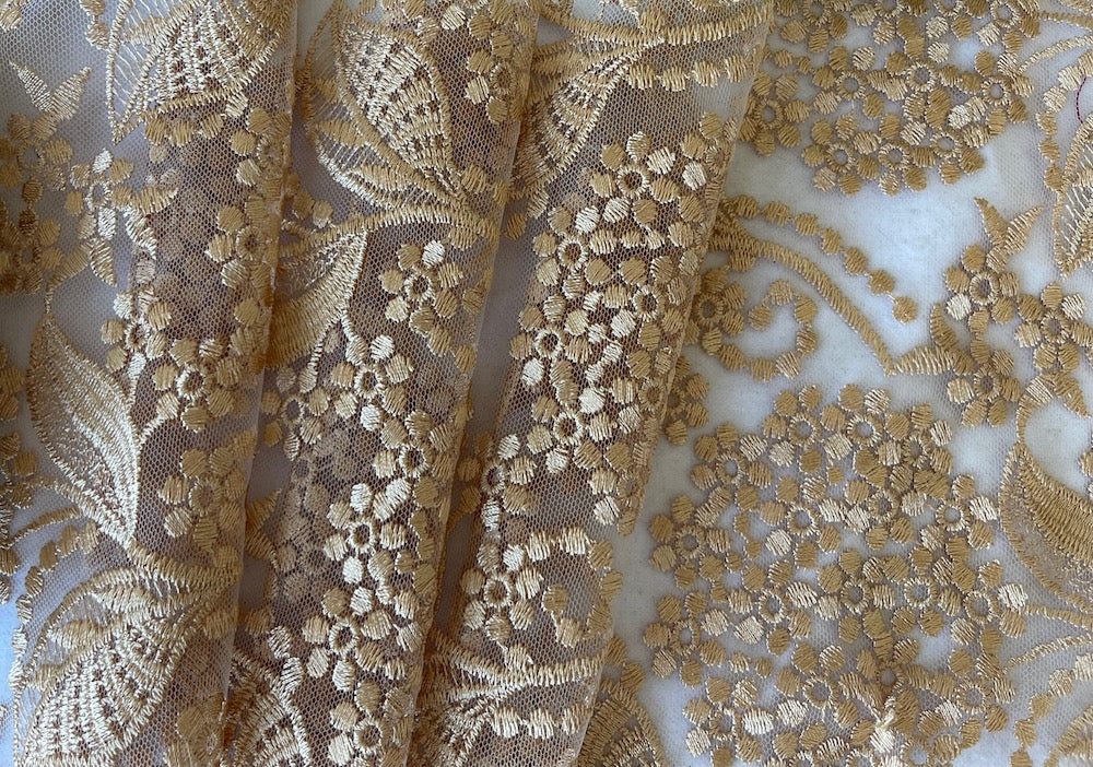 Embroidered Golden Vanilla Hydrangeas on Bone Polyester Blend Mesh (Made in Korea)