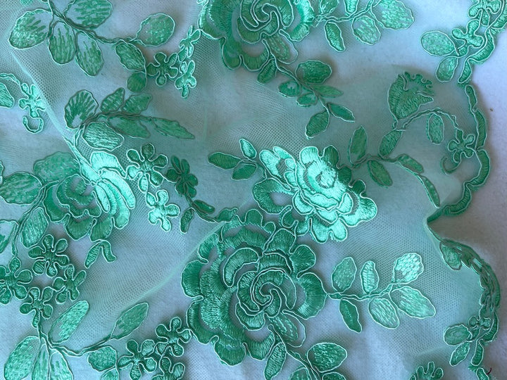 Scalloped Crème de Mint Flowers Poliamide Blend Alenćon Lace Fabric (Made in Korea)