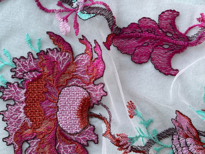 Embroidered Profusely Blooming Sunset Fleurs Nylon Tulle (Made in Italy)