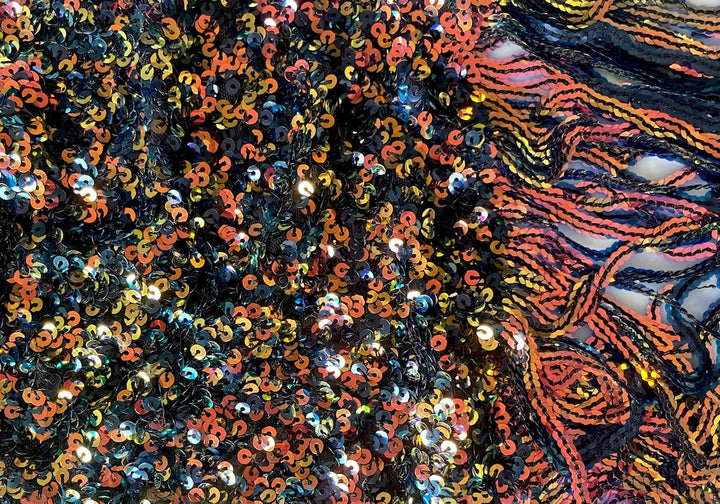 Fiery Iridescent Amber, Gold, Copper & Peacock Blue Fringed Polyester Sequined Fabric