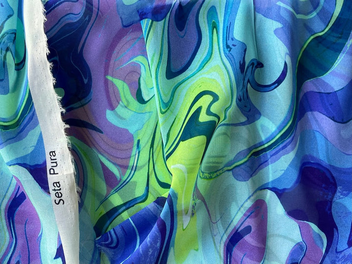 Semi-Sheer Ocean Floor Marbleized Swirl Stretch Silk Chiffon (Made in Italy)