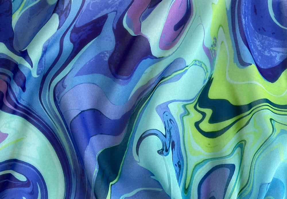 Semi-Sheer Ocean Floor Marbleized Swirl Stretch Silk Chiffon (Made in Italy)