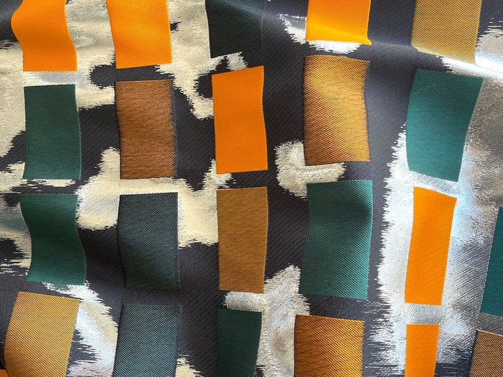 Striking Piet Mondrian Inspired Spruce, Marigold, Gleaming Silver & Bronze Rectangles Polyester Blend Brocade (Made in Italy)