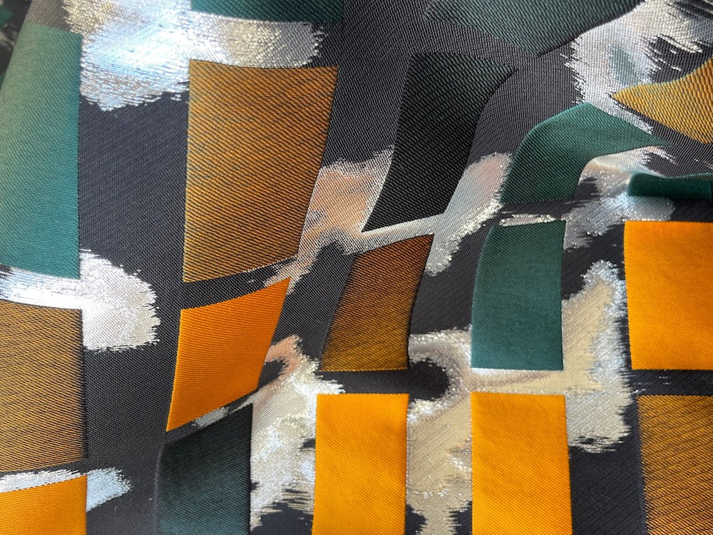 Striking Piet Mondrian Inspired Spruce, Marigold, Gleaming Silver & Bronze Rectangles Polyester Blend Brocade (Made in Italy)