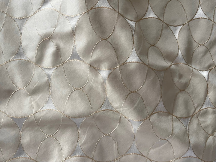 Undulating Circular Waves Candlelight Ivory & Abalone Silk Taffeta Jacquard (Made in India)