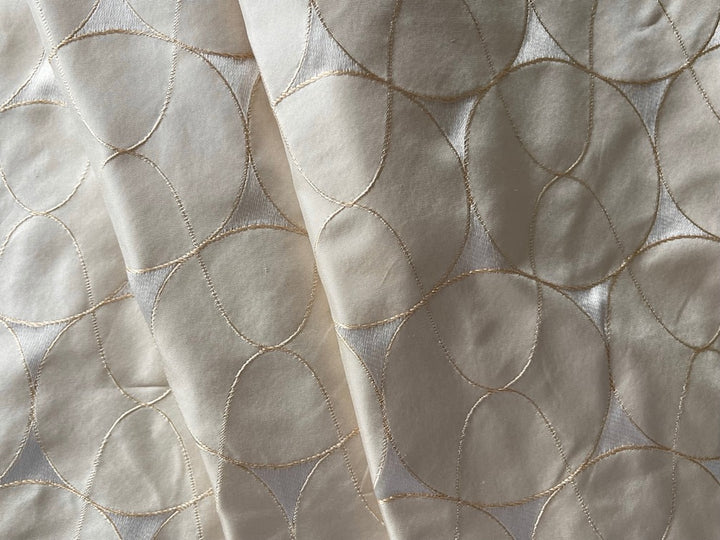 Undulating Circular Waves Candlelight Ivory & Abalone Silk Taffeta Jacquard (Made in India)