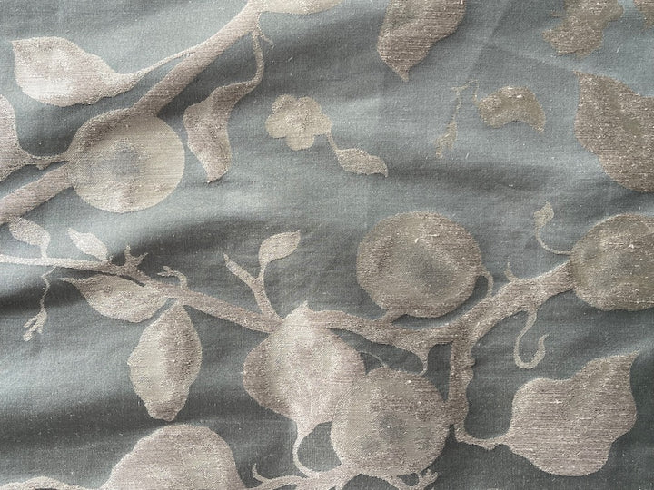 Sage & Platinum Fruiting Tree Silhouette Silk-Linen Brocade (Made in Italy)