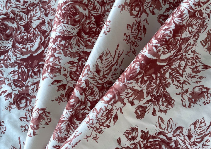 Mauve Medallions on Sparkling White Crisp Silk Taffeta Toile (Made in Italy)
