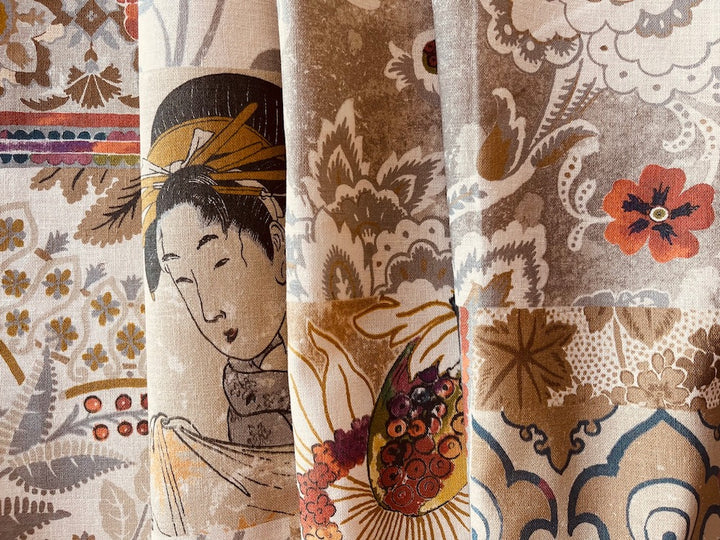 Japanese Montage with  Pomegranates Linen & Viscose Blend (Made in England)