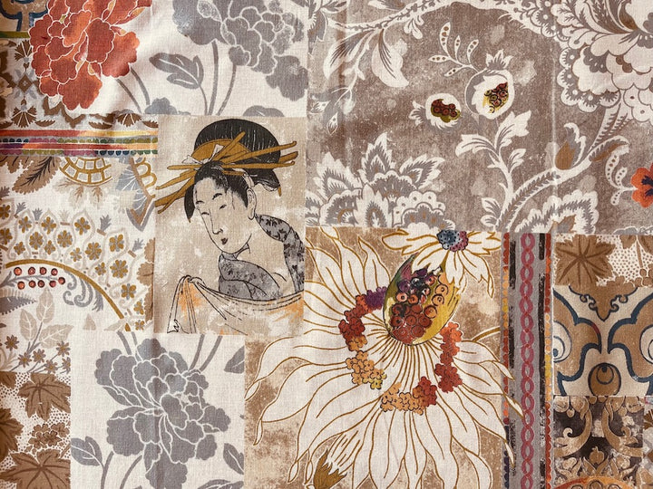 Japanese Montage with  Pomegranates Linen & Viscose Blend (Made in England)
