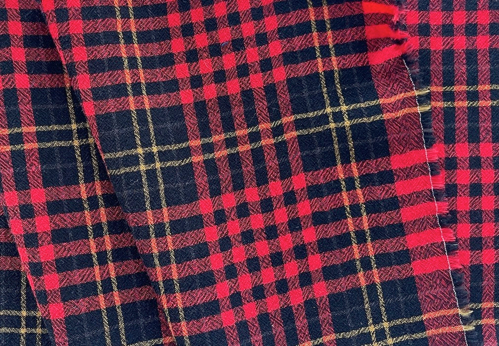 Plaid Fire Engine Red & Onyx Wool Challis (Made in Italy)